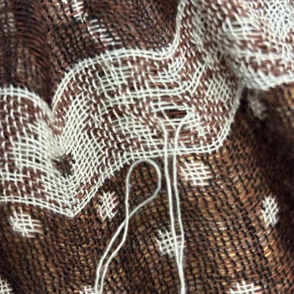 Boho Spanish Paisley Knit Scarf with Rabbit Fur Pom Poms – Brown / Tan – 62”